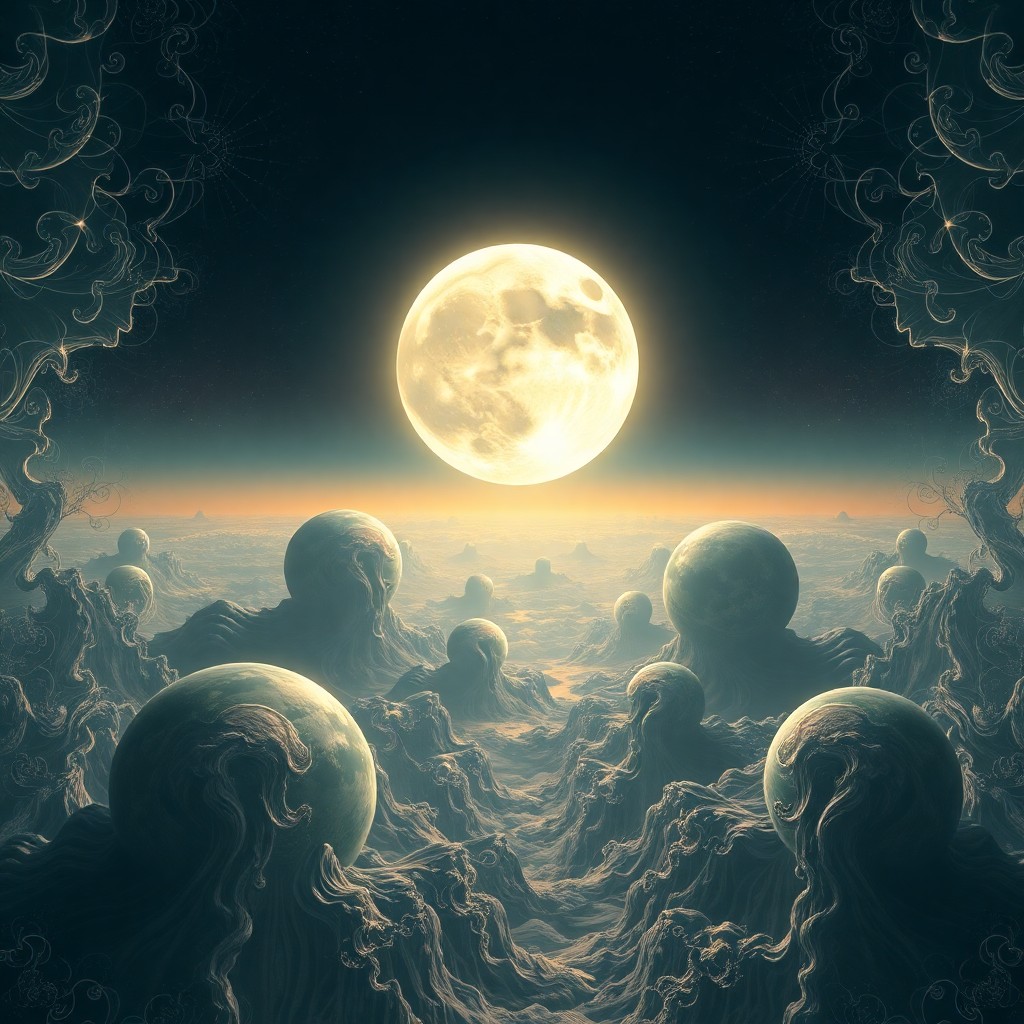 AI generated art for prompt: A mesmerizing digital artwork showcases an otherworldly vista illuminated by a colossal moon casting