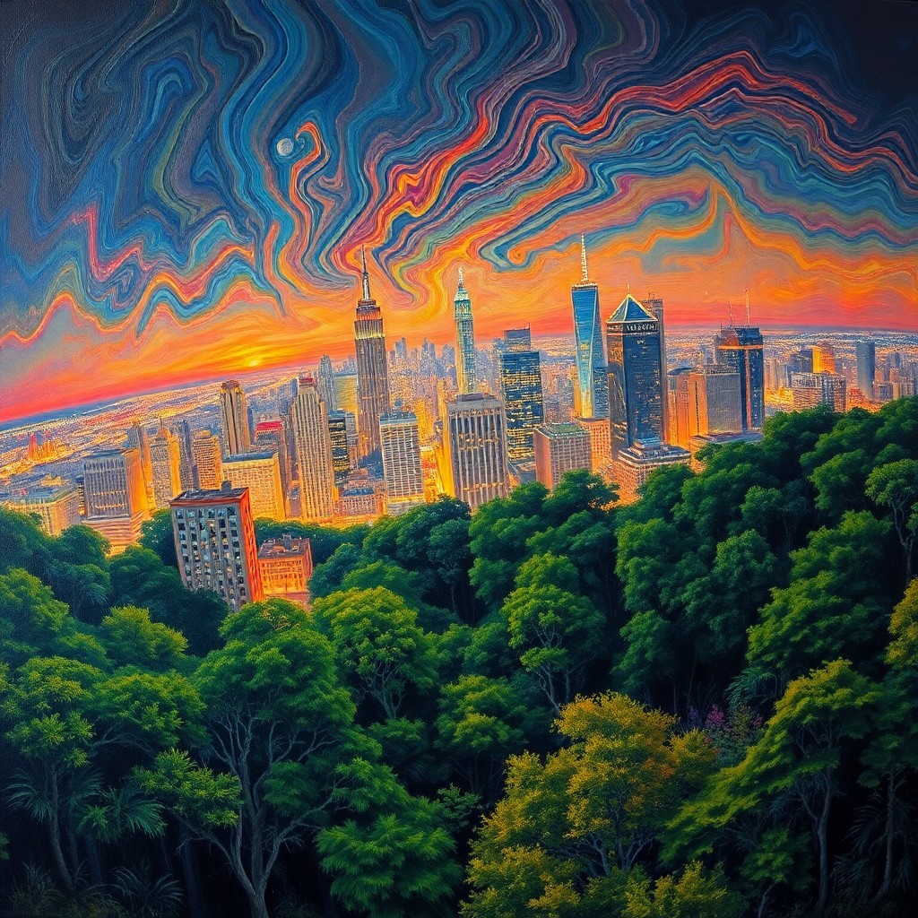 AI generated art for prompt: A surreal oil painting capturing a bustling metropolitan city skyline at night with vivid, contrasti