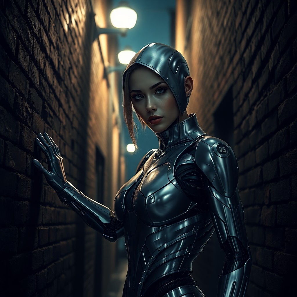 AI generated art for prompt: A mesmerizing hyper-realistic portrait showcases a female cyborg assassin within an eerie alleyway, 