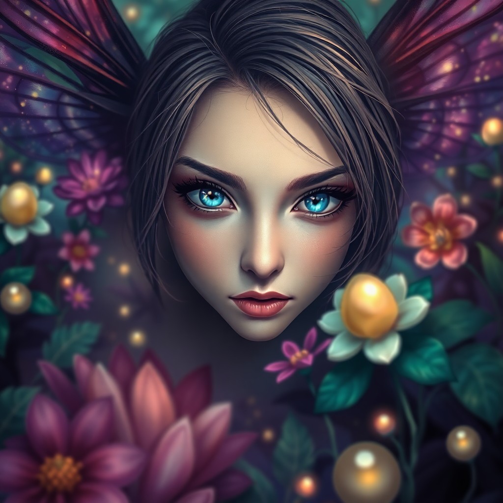 AI generated art for prompt: A striking digital artwork presents an enigmatic close-up portrait of a young woman with otherworldl