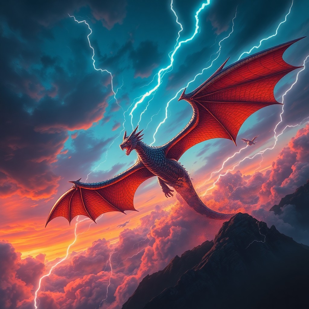 AI generated art for prompt: An awe-inspiring digital piece portraying an imposing dragon soaring through a tempestuous sky at du