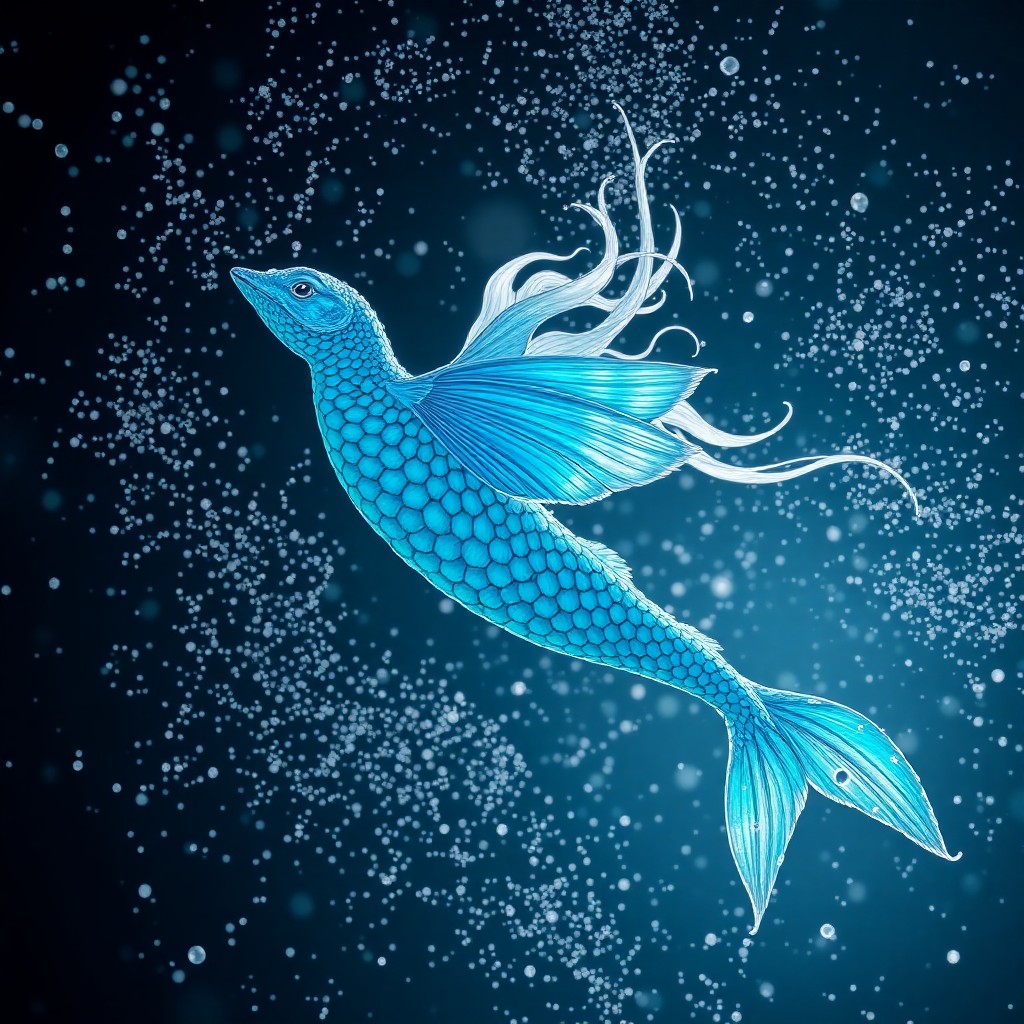 AI generated art for prompt: A mesmerizing digital art portrait showcases a magical sea creature in mid-flight, her luminous scal