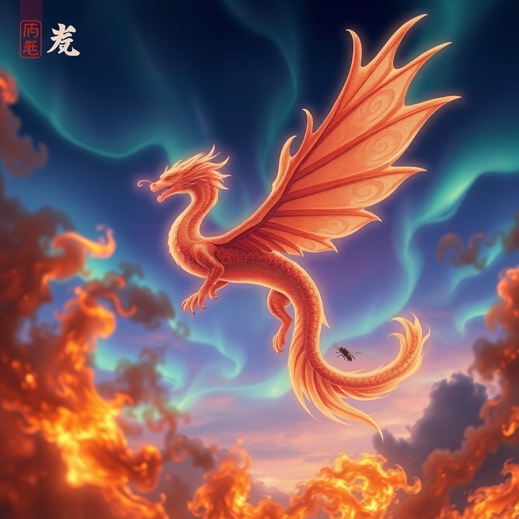 AI generated art for prompt: A majestic mythical creature emerges from swirling flames and smoke, soaring into a twilight sky ado