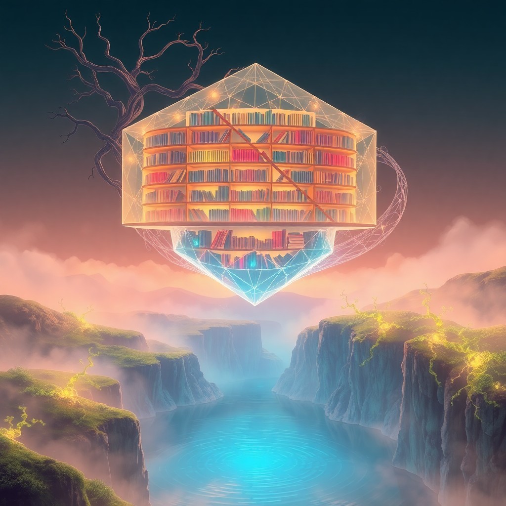 AI generated art for prompt: A surreal digital artwork portrays an enchanting floating library composed of translucent geometric 