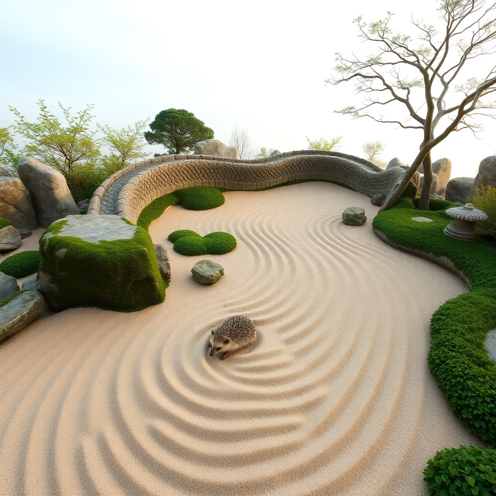 AI generated art for prompt: Envision a tranquil Japanese zen garden scene adorned with whimsical elements reminiscent of Beatrix