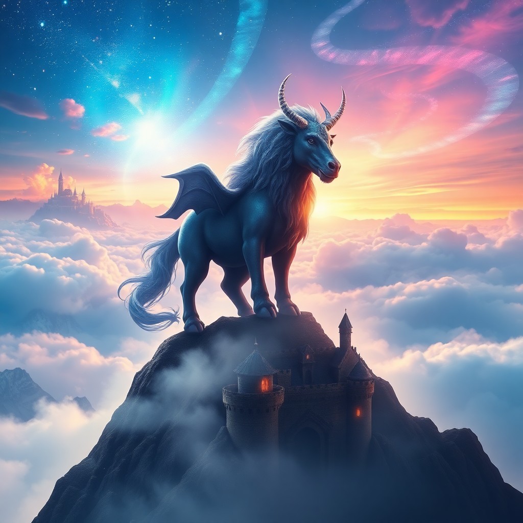 AI generated art for prompt: A vivid digital artwork depicts an enigmatic scene where a regal mythical beast stands on a mountain