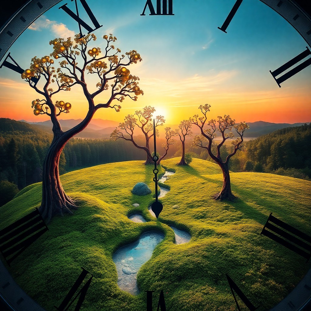 AI generated art for prompt: A surreal landscape emerges from within an expansive clock face, viewed from an immersive first-pers