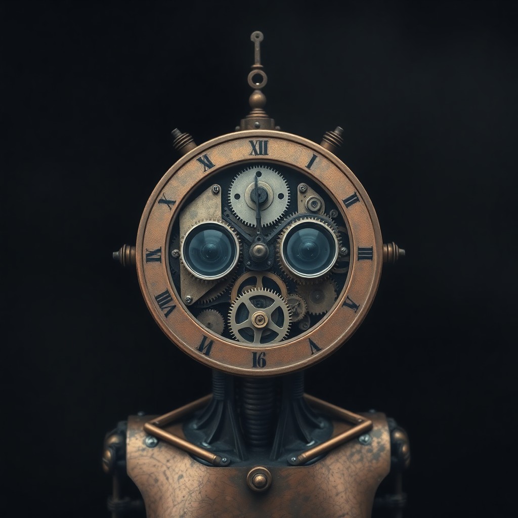 AI generated art for prompt: A surreal portrait in an eerie, gothic style depicts an ancient clockwork automaton against a foggy 