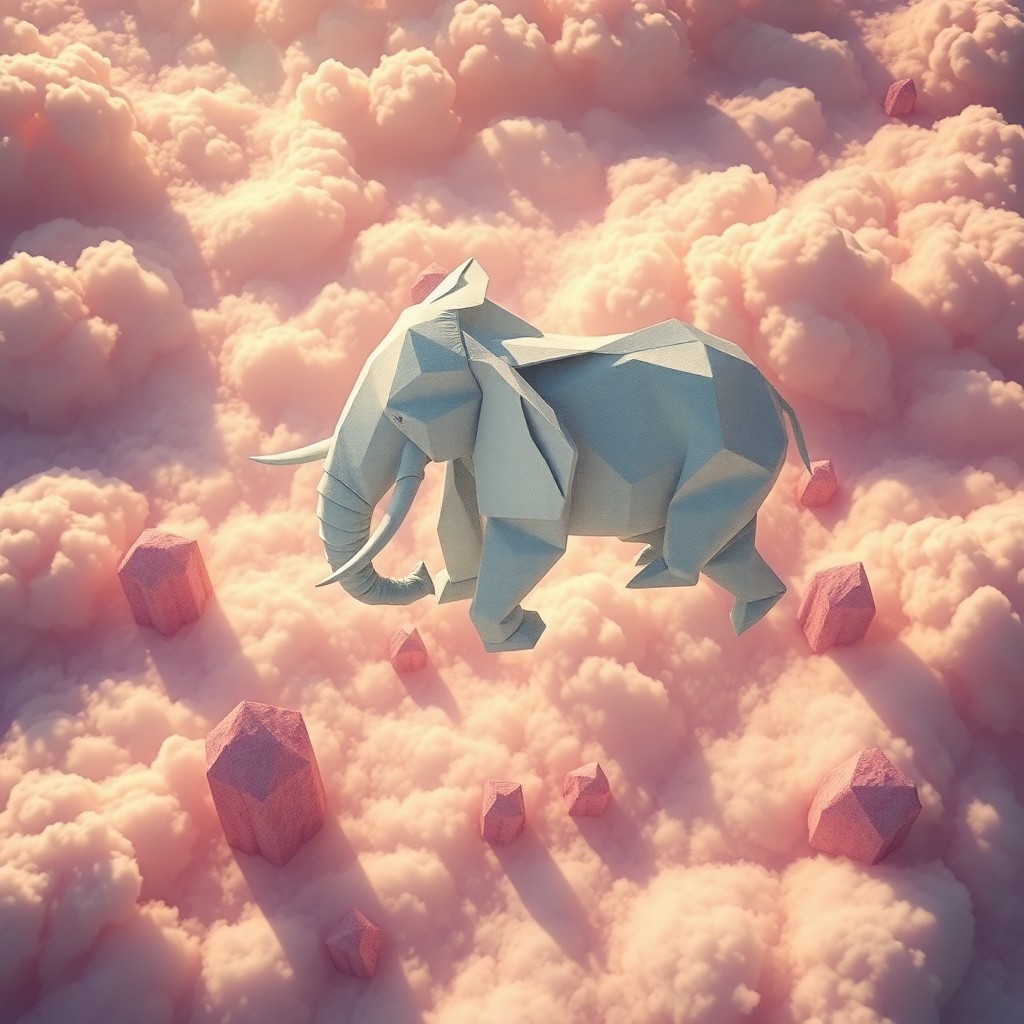 AI generated art for prompt: Visualize an enchanting, dreamlike landscape where a colossal, intricately crafted origami elephant 