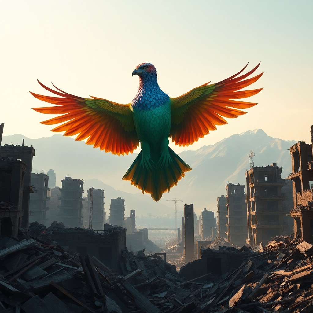 AI generated art for prompt: A surreal digital panorama showcases an avian creature rising from the debris of an advanced urban l