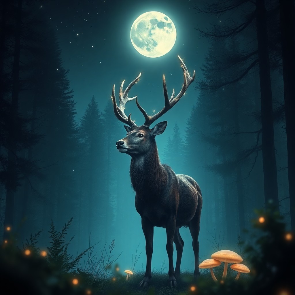 AI generated art for prompt: A serene moonlit forest scene comes to life in this captivating digital artwork. The dense woods are