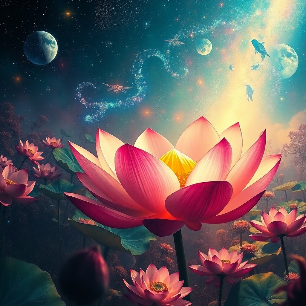 AI generated art for prompt: Delve into an enigmatic cosmos where a tranquil lotus blossom gracefully drifts within a celestial g