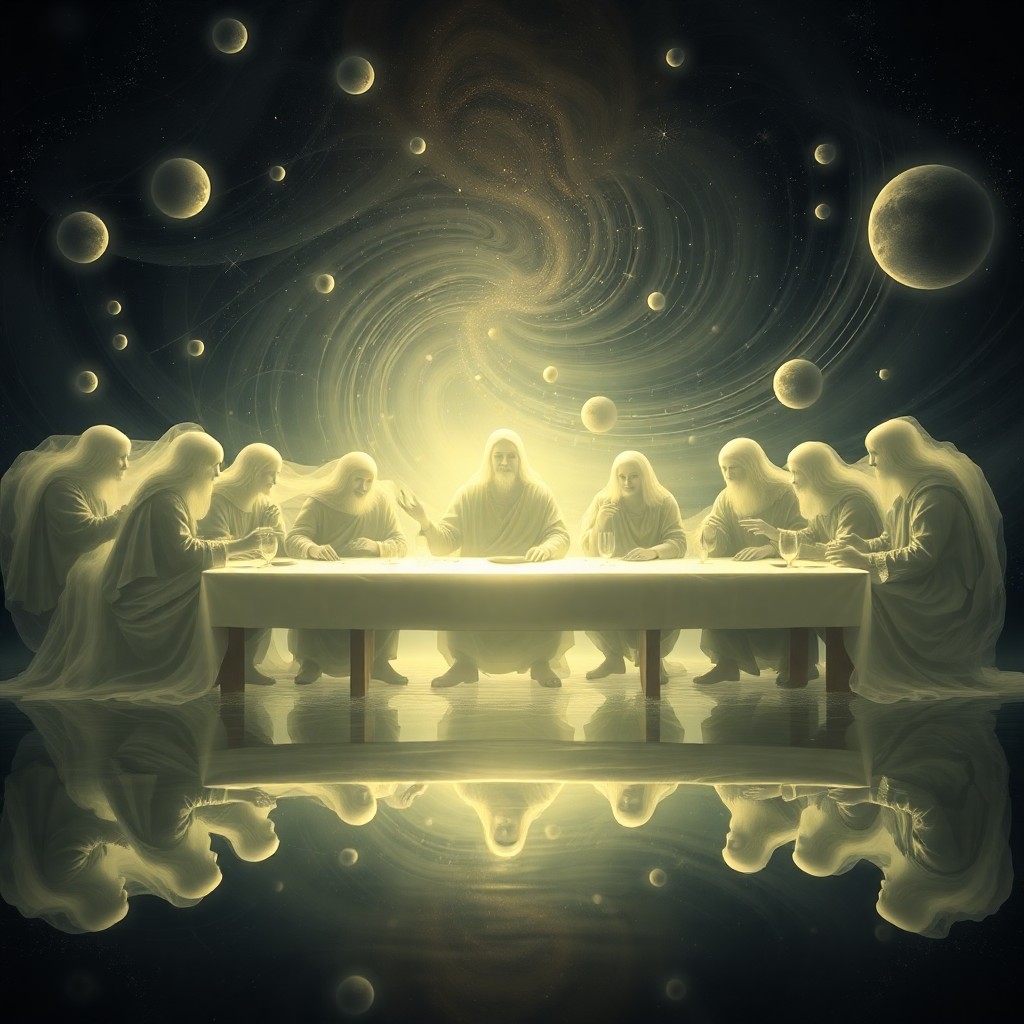 AI generated art for prompt: An awe-inspiring image depicting a surreal reinterpretation of "The Last Supper," featuring ethereal