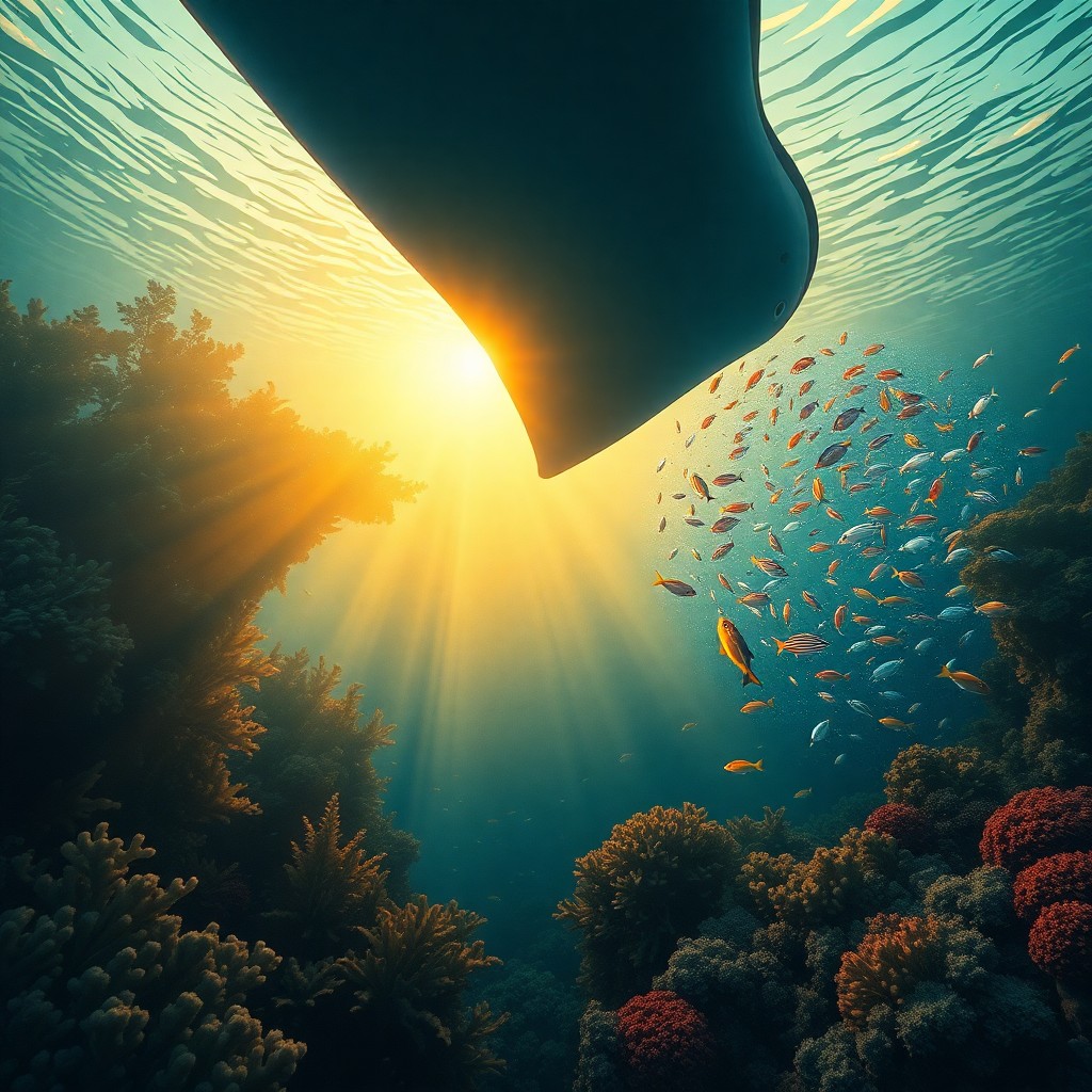 AI generated art for prompt: A serene underwater landscape illuminated by the soft golden hues of the setting sun filters through