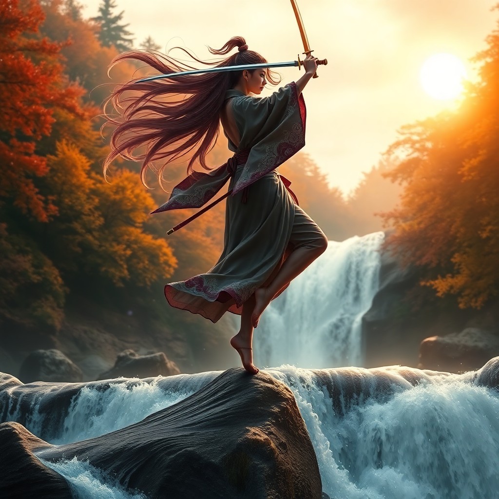 AI generated art for prompt: In an enchanting blend of ethereal beauty and dynamic power, a female warrior stands atop a waterfal