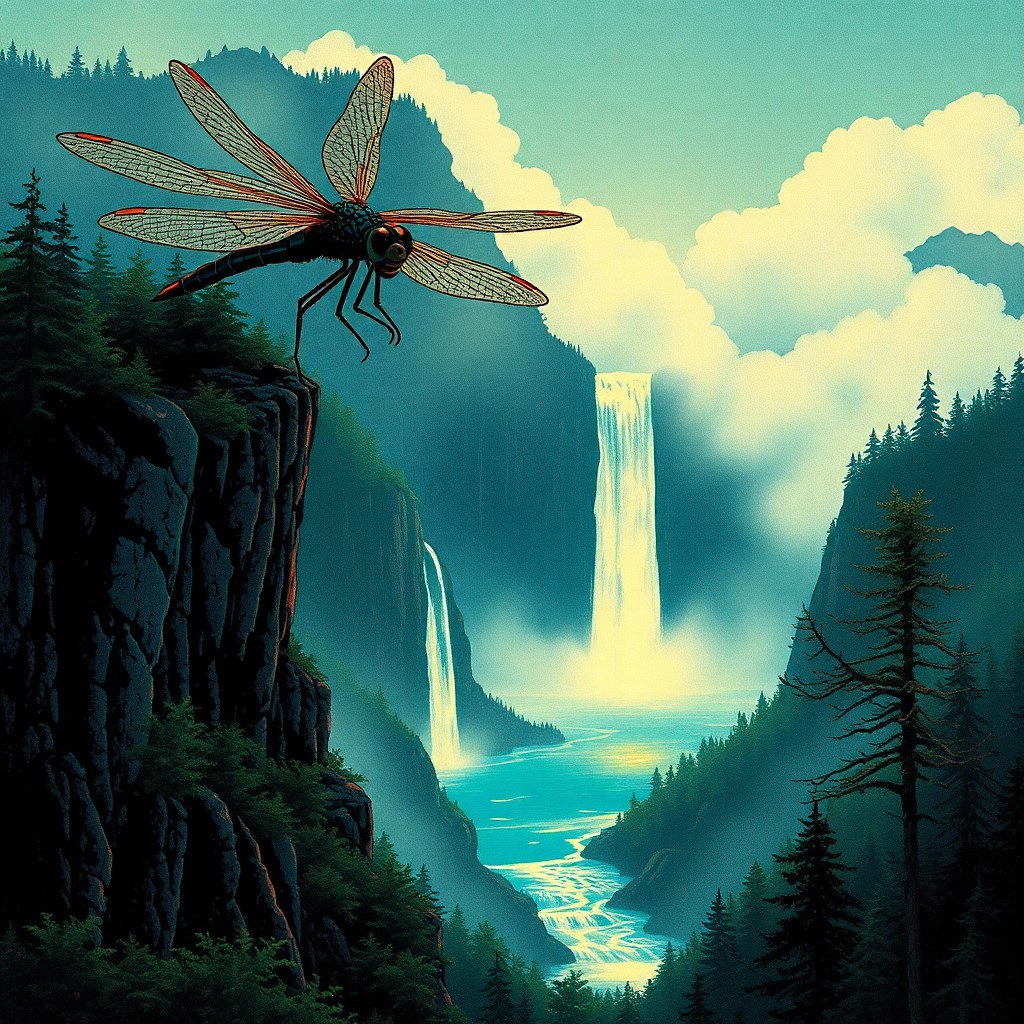 AI generated art for prompt: Craft an image depicting a surreal landscape from a dragonfly's perspective, showcasing a grand wate