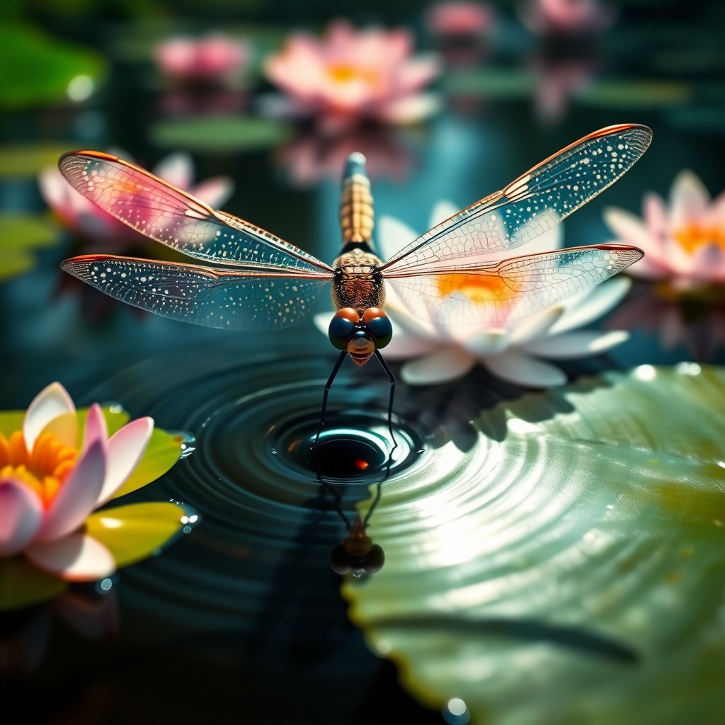 AI generated art for prompt: A surreal digital artwork showcasing an up-close view from a dragonfly's viewpoint as it hovers abov