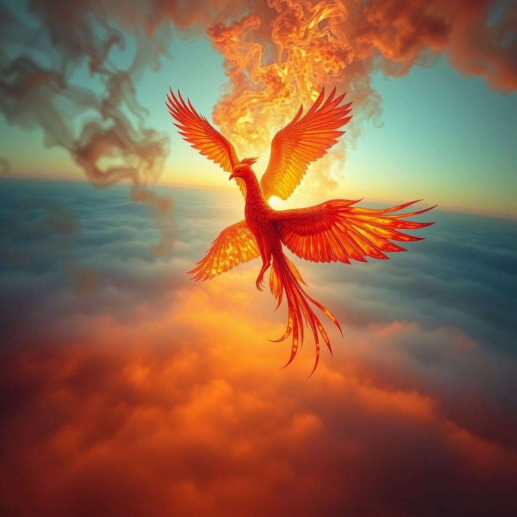 AI generated art for prompt: An awe-inspiring surrealist scene depicts a majestic phoenix rising from a vortex of fire and smoke,