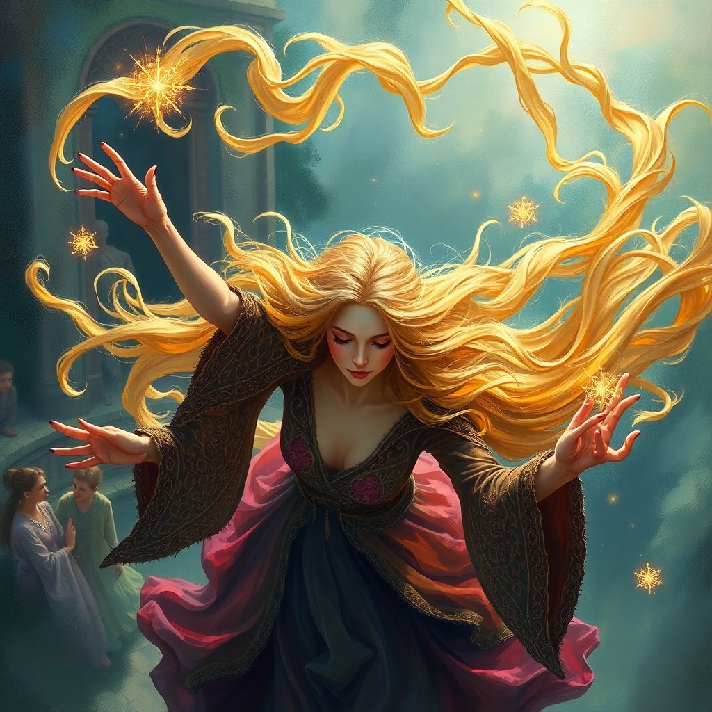 AI generated art for prompt: An enchanting oil painting illustration captures a mysterious sorceress casting an alluring spell on