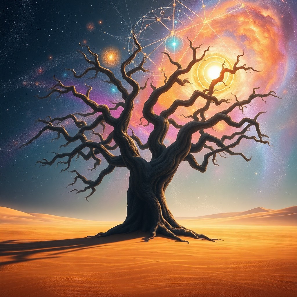 AI generated art for prompt: A dreamlike digital painting depicts an ancient tree with twisted branches reaching into a vibrant g