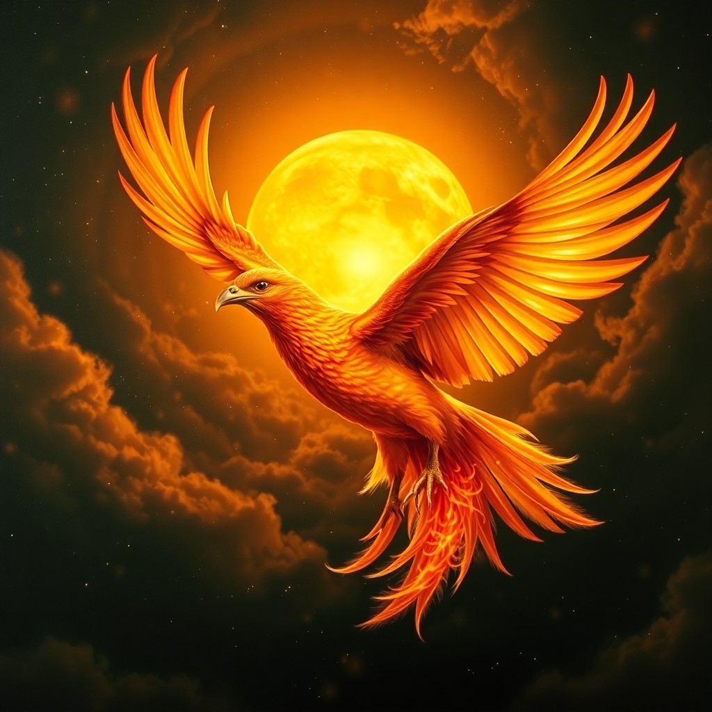 AI generated art for prompt: A magnificent phoenix takes flight into an inky sky adorned with twinkling stars and a setting sun, 