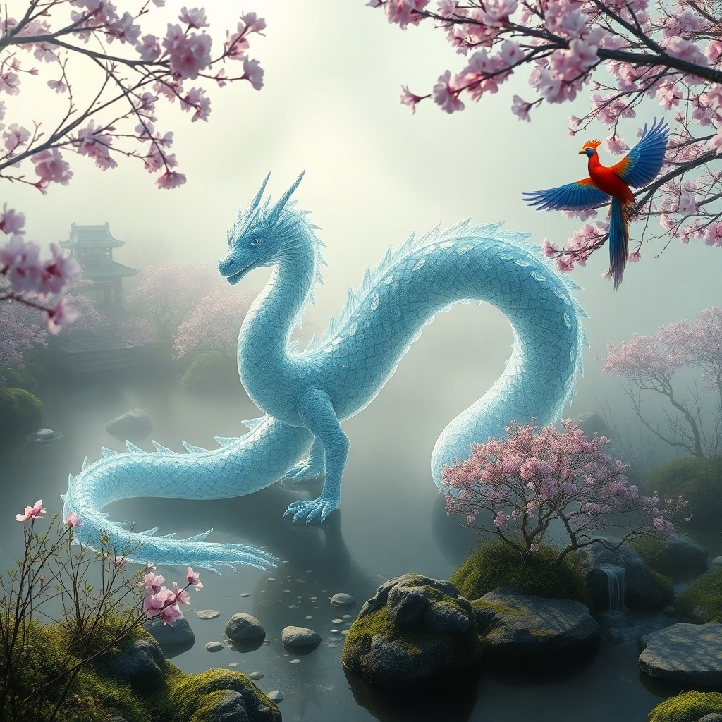 AI generated art for prompt: Imagine an ethereal Japanese Zen garden shrouded in morning mist, where an awe-inspiring ice dragon 