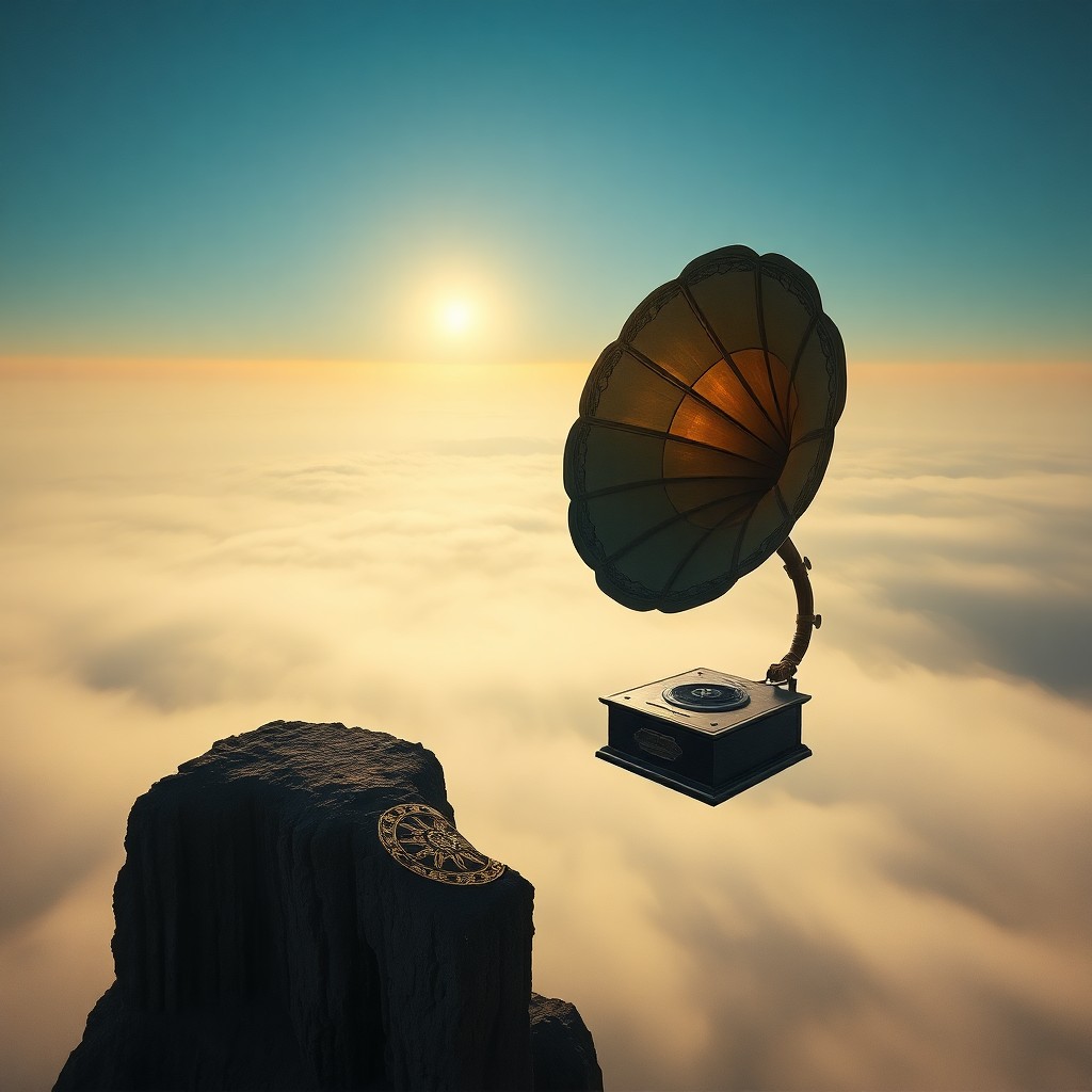 AI generated art for prompt: A surreal dreamscape featuring an enormous vintage gramophone perched on the edge of a vast, fog-cov