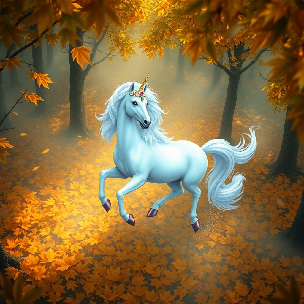 AI generated art for prompt: A whimsical digital art scene depicting a regal unicorn gracefully prancing in an autumn forest shro