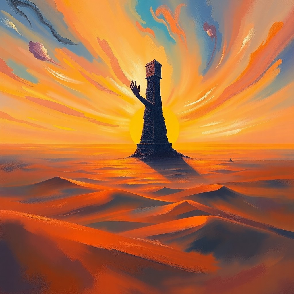 AI generated art for prompt: A surreal dreamlike landscape features a vast, sprawling desert under a vibrant, swirling sky, blend