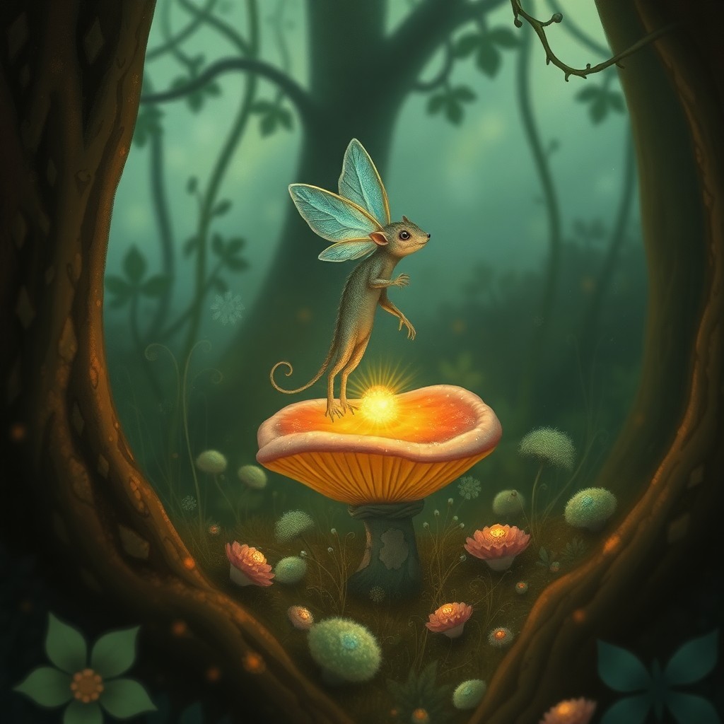 AI generated art for prompt: Imagine an enchanting Victorian-inspired fairy tale illustration, showcasing a whimsical forest scen