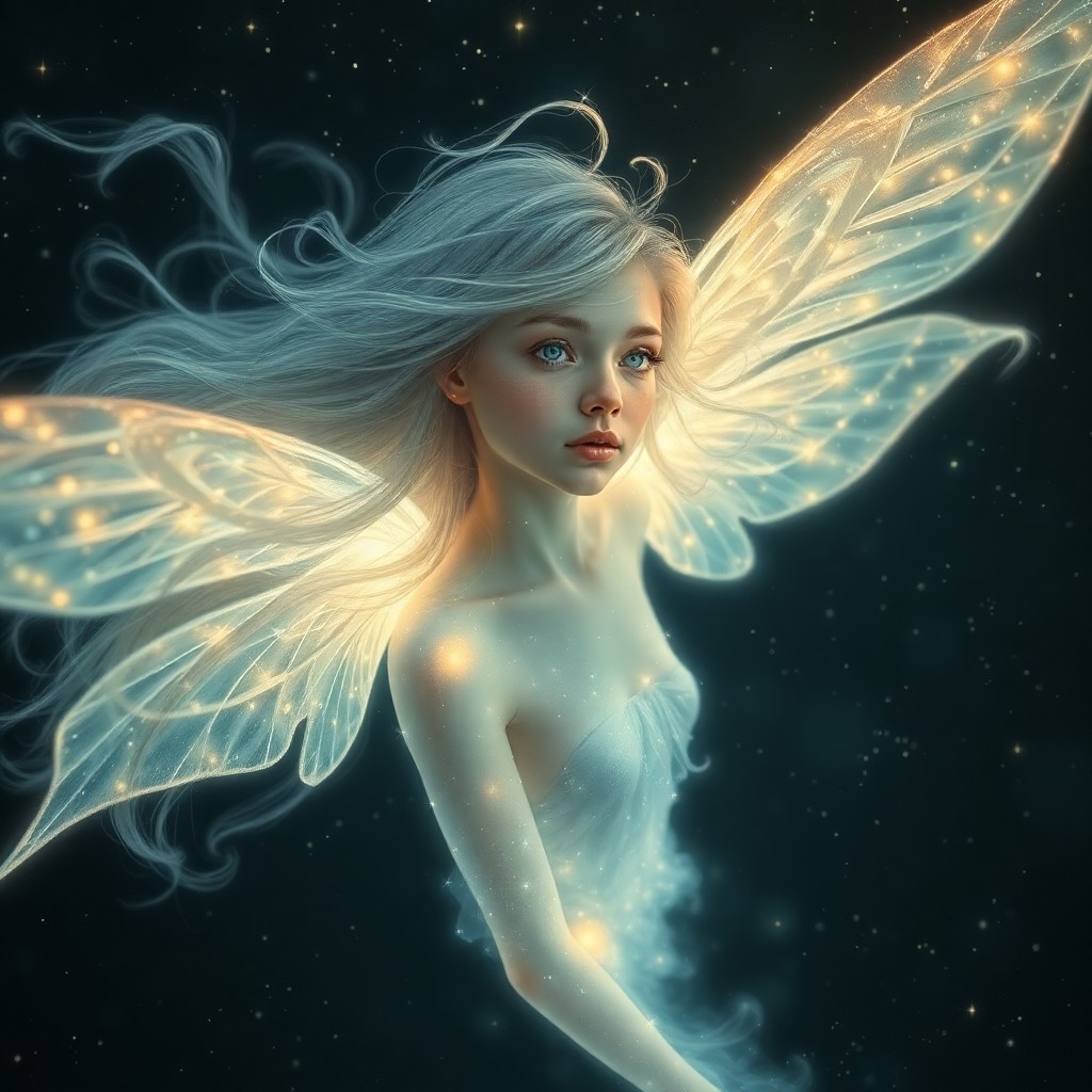 AI generated art for prompt: An enchanting portrait of a celestial fairy enveloped in an ethereal glow, reminiscent of Pre-Raphae