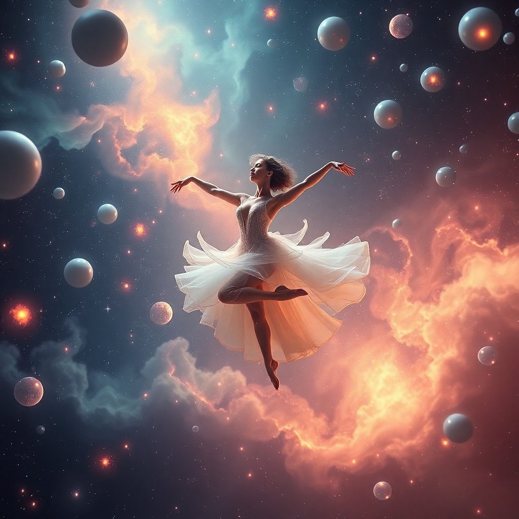 AI generated art for prompt: A mesmerizing digital artwork portraying an enigmatic celestial dancer gracefully pirouetting among 