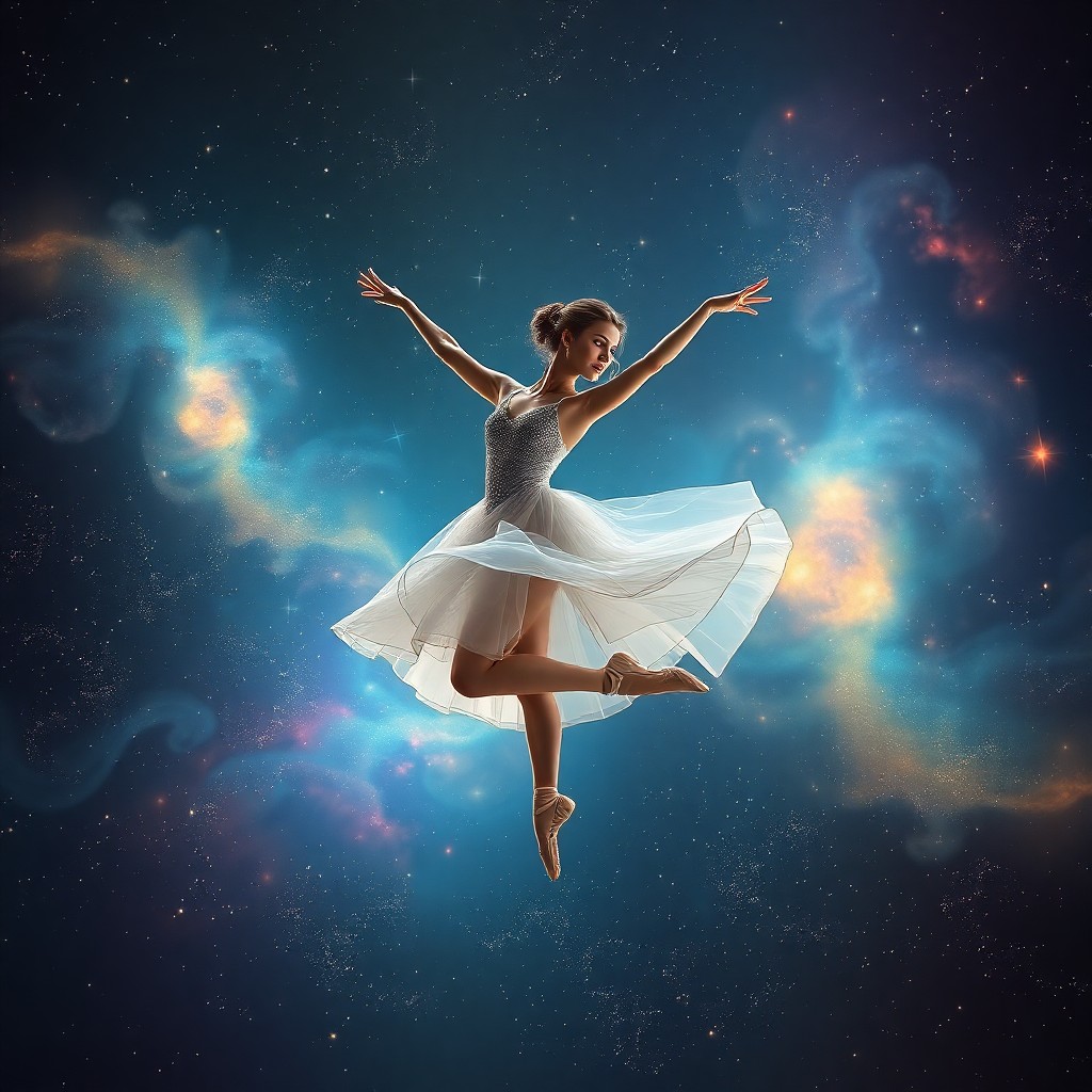 AI generated art for prompt: A celestial dancer pirouettes gracefully amidst a nebula-like backdrop, reminiscent of Degas' fluid 