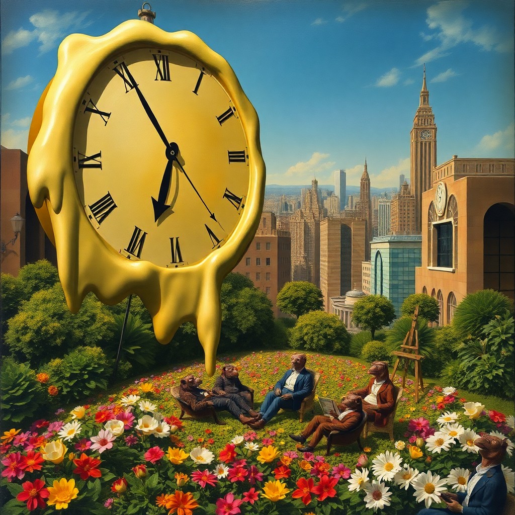 AI generated art for prompt: In the surrealistic style of Dali's iconic paintings, an enormous melting timepiece looms over a tra