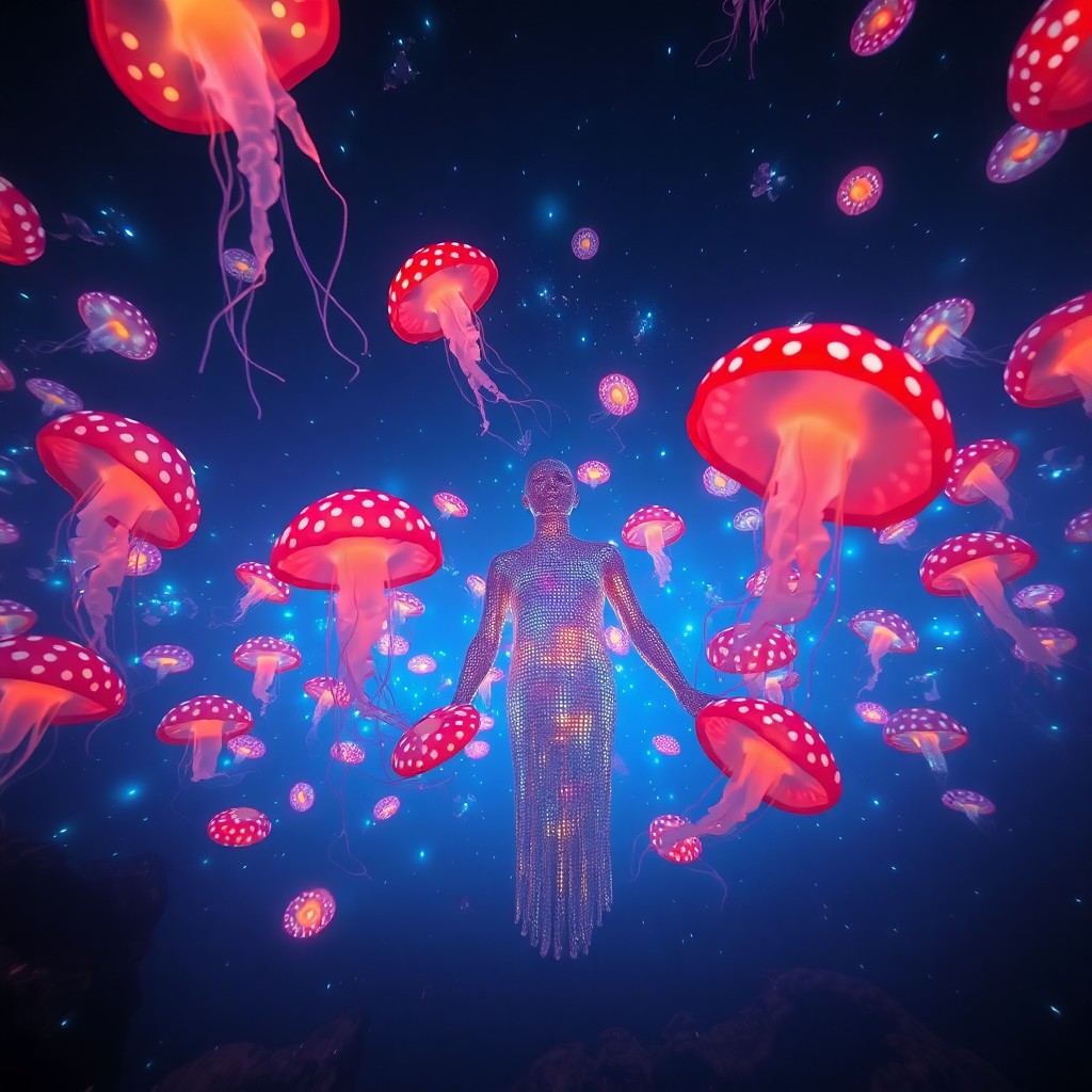 AI generated art for prompt: Visualize an enchanting underwater realm reminiscent of Yayoi Kusama's dreamlike landscapes, where c