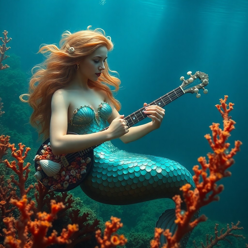 AI generated art for prompt: A surreal underwater scene showcases a mermaid playing an instrument crafted from coral and seashell