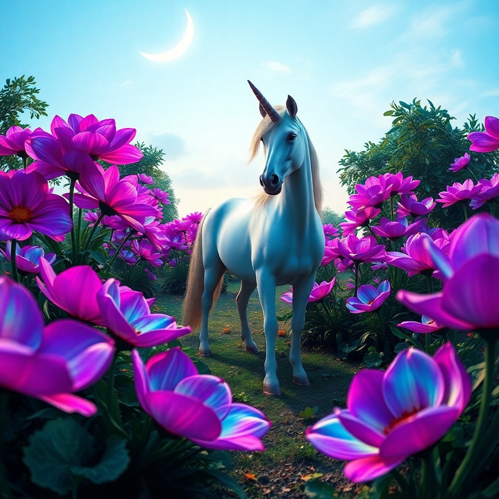 AI generated art for prompt: Craft an image depicting a surreal garden where a majestic unicorn stands among vibrant flowers with