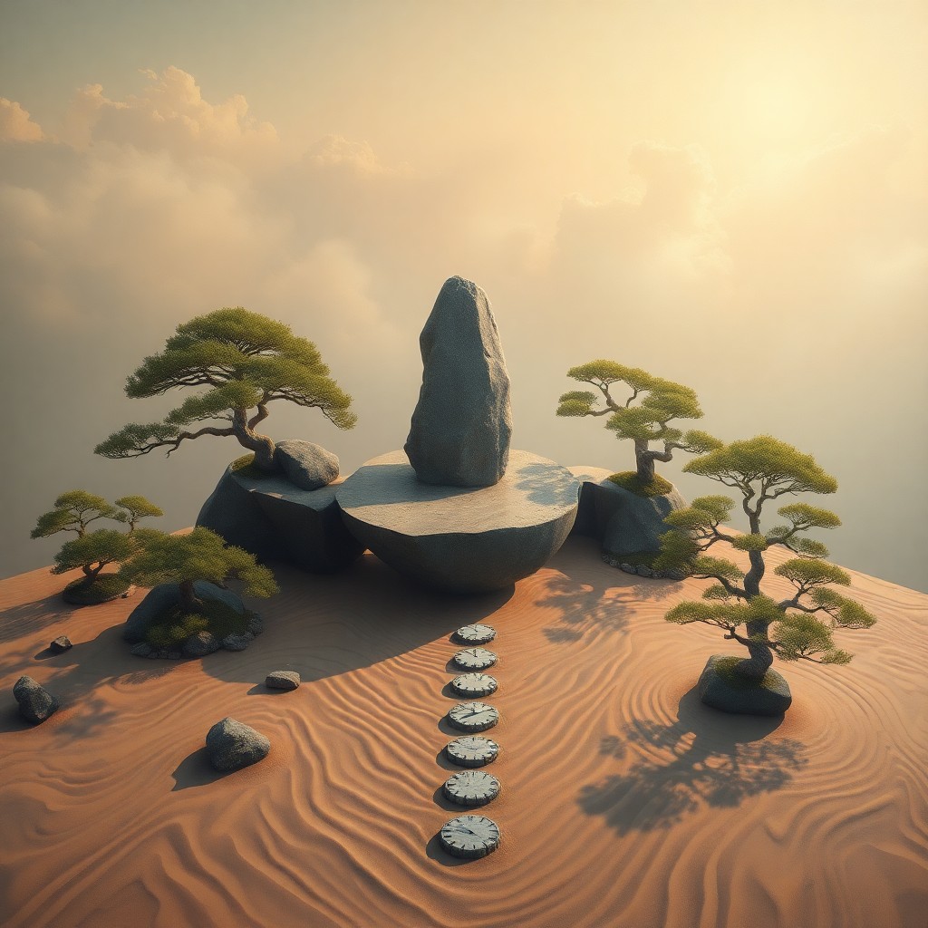 AI generated art for prompt: A surreal oil painting depicting a serene Zen garden with a central floating rock formation, reminis