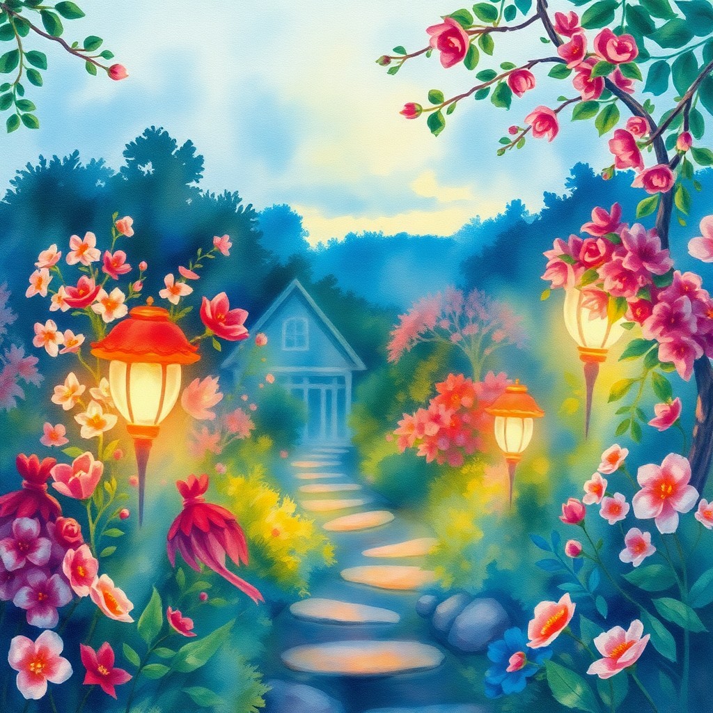 AI generated art for prompt: Craft an impressionistic watercolor scene depicting a magical garden vista at twilight, rendered fro