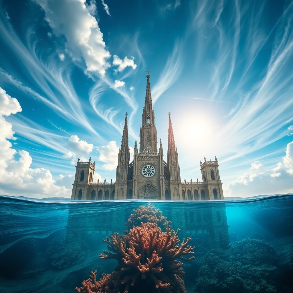 AI generated art for prompt: A surrealistic masterpiece showcases an awe-inspiring cathedral emerging from the tranquil depths of