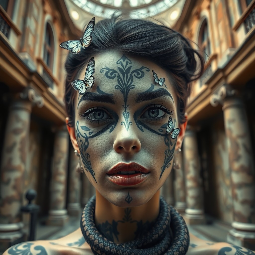 AI generated art for prompt: A surreal portrait depicting an exotic woman with an intricately tattooed face, featuring delicate b