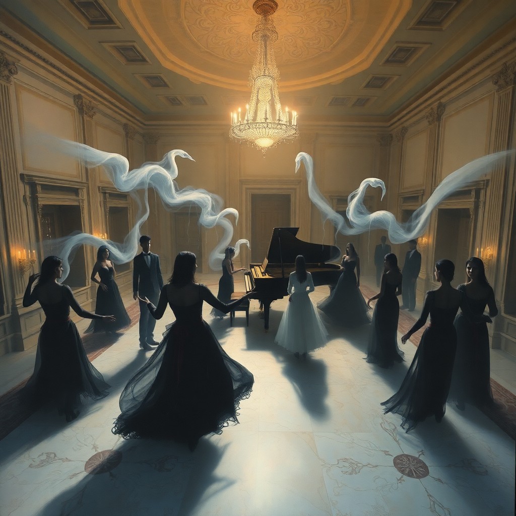 AI generated art for prompt: An oil painting captures an ethereal grand ballroom where ghostly apparitions dance with elongated s