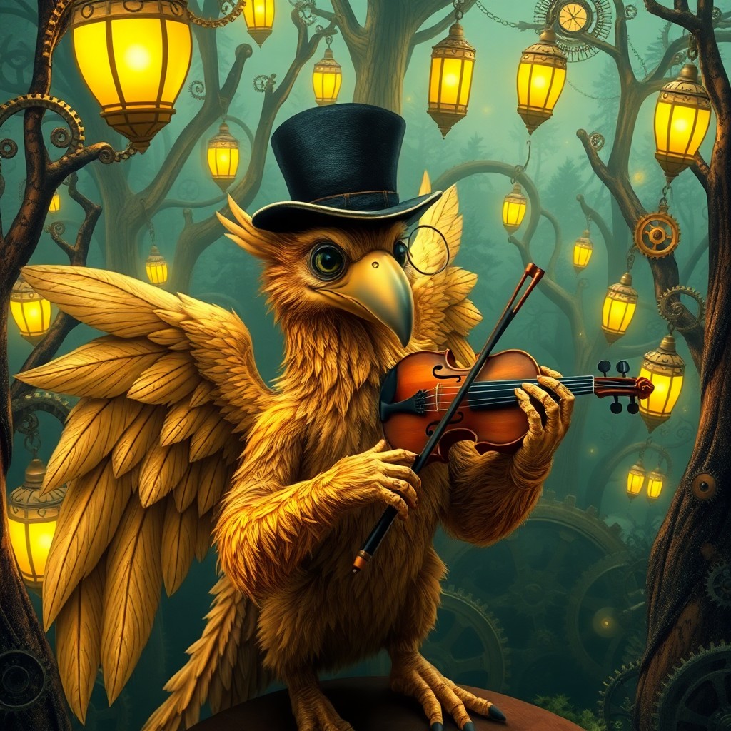 AI generated art for prompt: A whimsical steampunk-inspired scene unfolds with a jovial griffin adorned in a charming top hat, ho