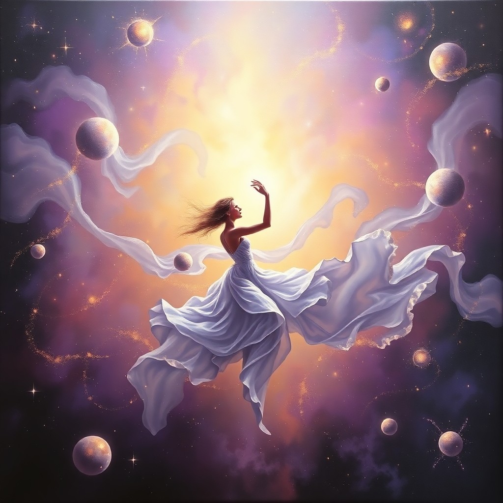 AI generated art for prompt: An oil painting depicting an otherworldly dance among celestial bodies, with galaxies gracefully swi