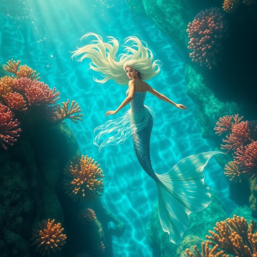 AI generated art for prompt: Create an enchanting digital artwork depicting a surreal underwater scene where a mesmerizing mermai