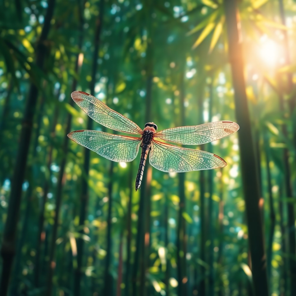 AI generated art for prompt: Envision an impressionistic dragonfly in flight, its wings glistening with iridescence as it gracefu