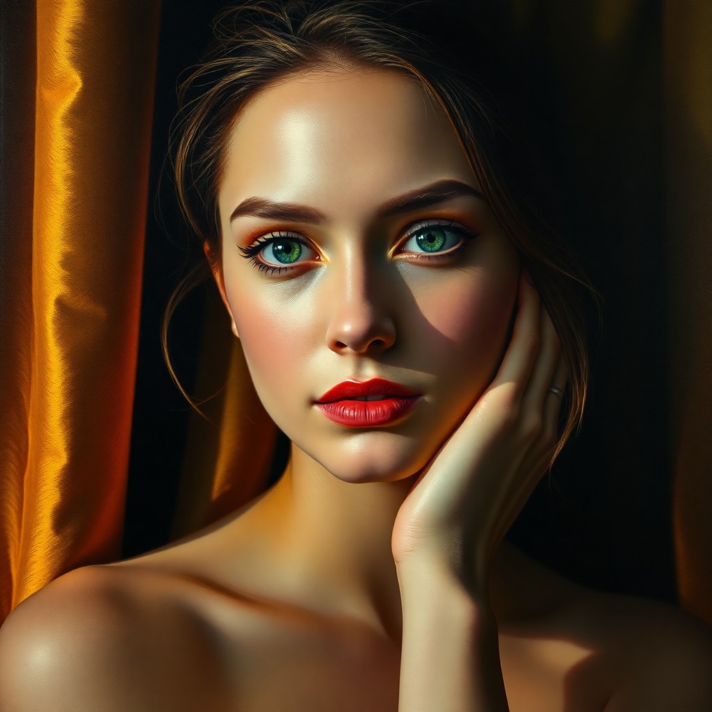 AI generated art for prompt: Imagine an exquisite oil painting showcasing a close-up portrait of a woman with porcelain skin and 