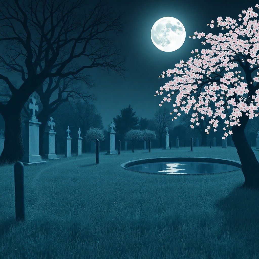 AI generated art for prompt: A digital artwork captures the serene atmosphere of a moonlit night in a tranquil Japanese cemetery,