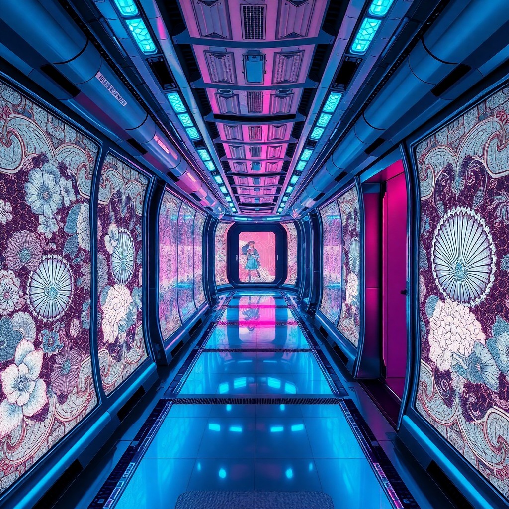 AI generated art for prompt: A futuristic space station interior is illuminated by soft blue and purple lights emanating from sle