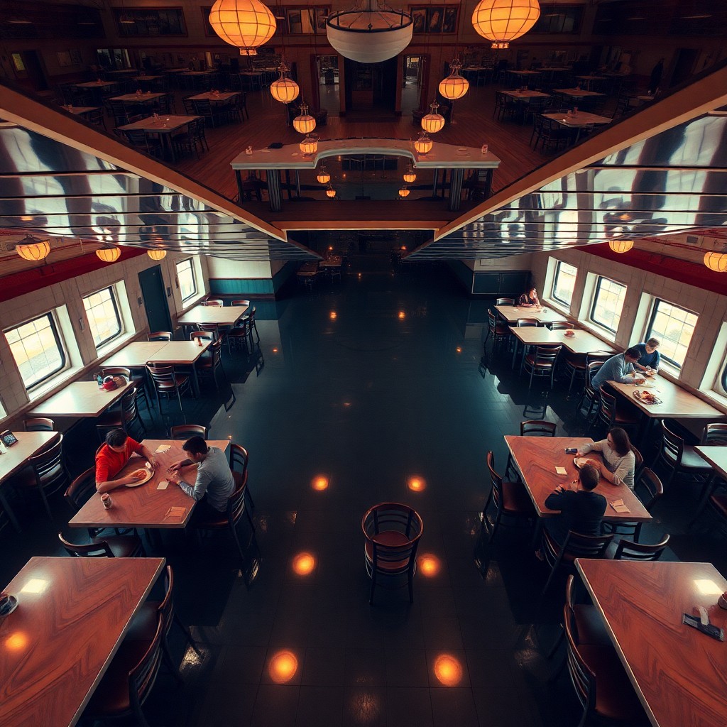 AI generated art for prompt: Create an image depicting a surreal diner interior, blending impossible architectures with nostalgic